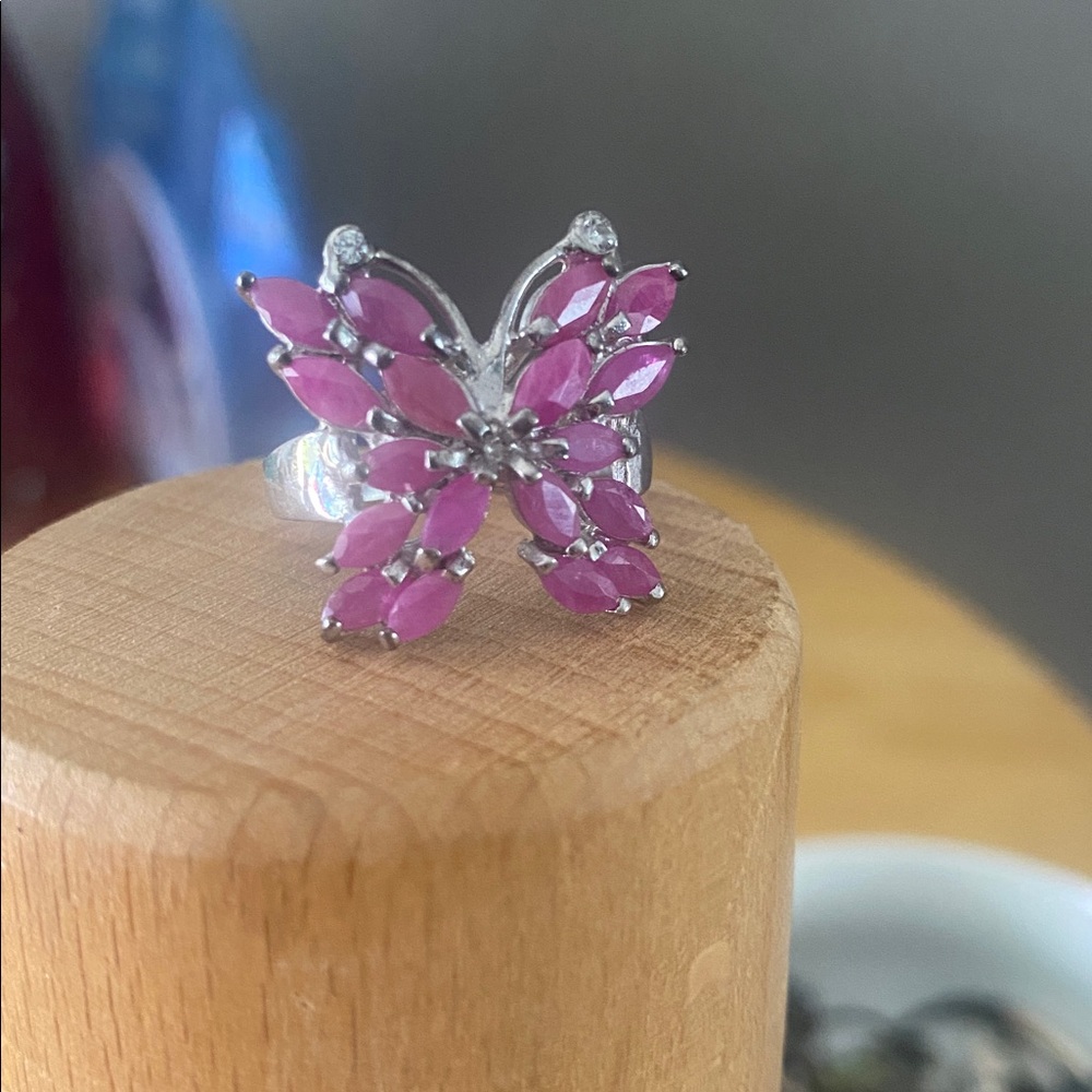 925 Pink Sapphire And CZ Butterfly Ring size 8